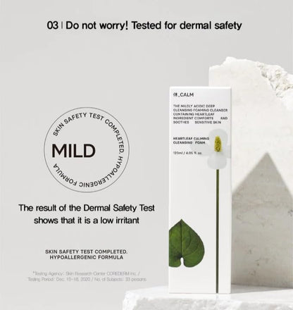 Huecalm Heartleaf Cleansing Foam box with dermal safety test label